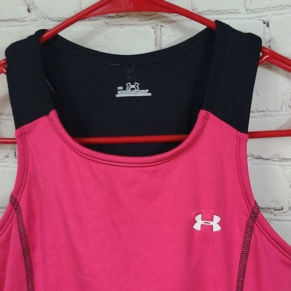 Women's UA Running Tank Pink Black Fitted Under Armour Sleeveless Top Shelf Bra - Picture 3 of 8